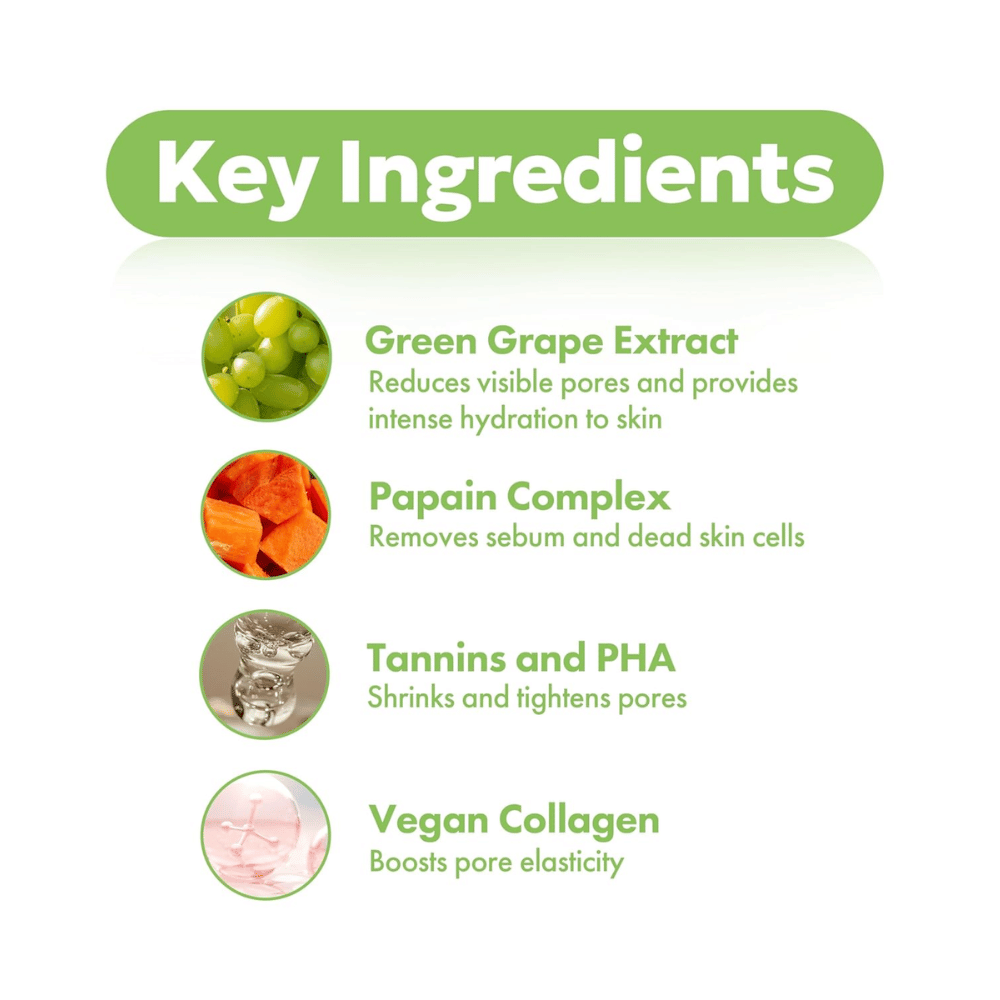 Ključne sestavine v FRUDIA Green Grape Pore Control Cream z izvlečkom zelenega grozdja, papainom, PHA, tanini in veganskim kolagenom za jasnejšo in gladko kožo.