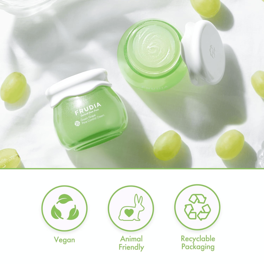 FRUDIA Green Grape Pore Control Cream z izvlečkom zelenega grozdja, veganska krema za obraz, ki zmanjšuje pore, uravnava sebum in ima embalažo za recikliranje.