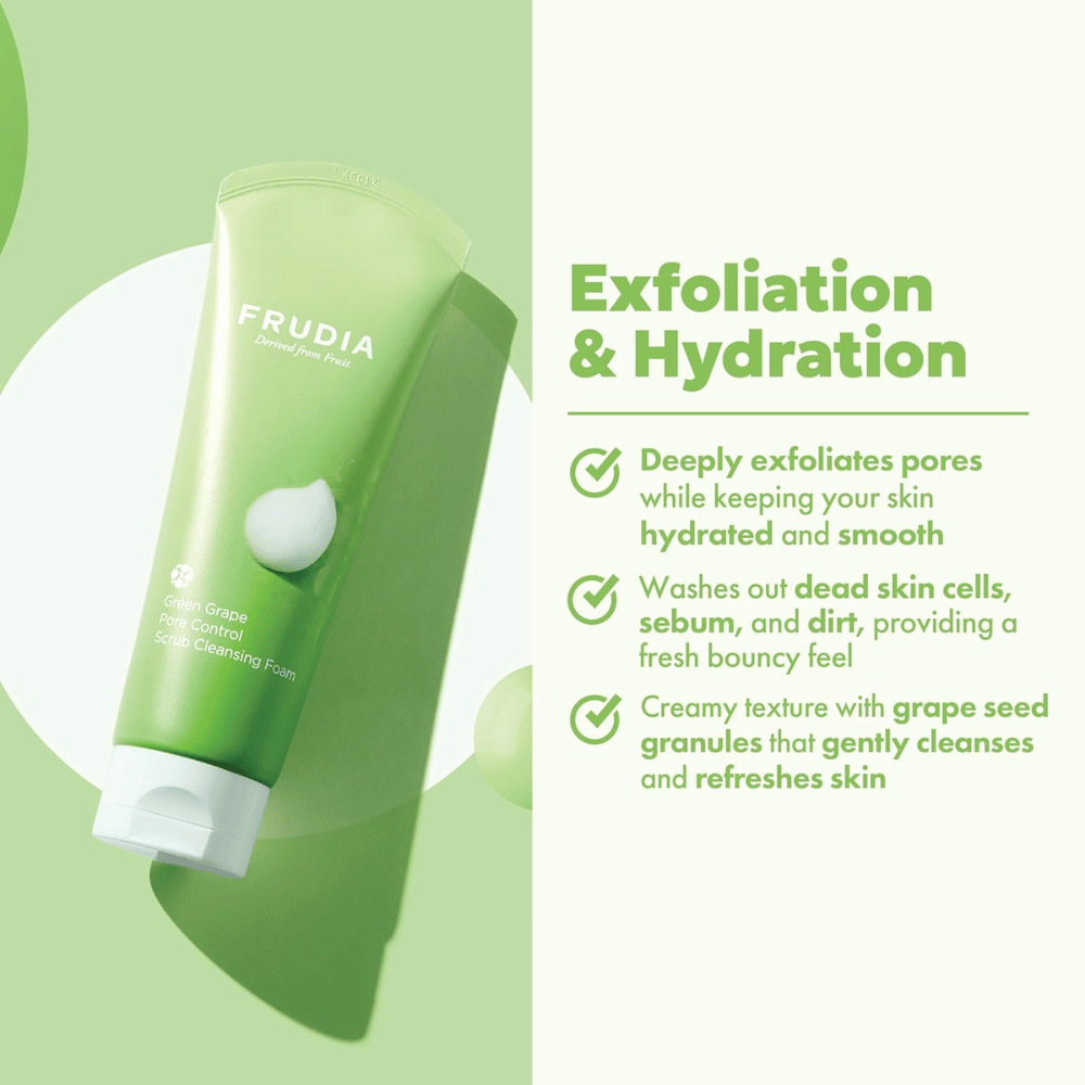 FRUDIA Green Grape Pore Control Scrub Cleansing Foam – piling čistilo za obraz z grozdnimi granulati, ki odstranjujejo umazanijo, sebum in odmrle kožne celice, ne da bi izsušili kožo.