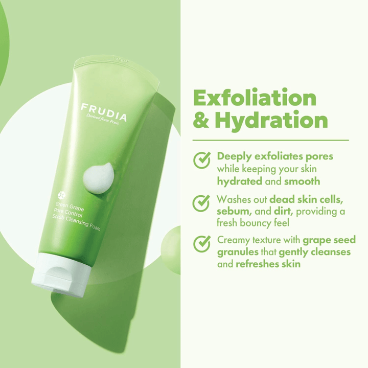 FRUDIA Green Grape Pore Control Scrub Cleansing Foam – piling čistilo za obraz z grozdnimi granulati, ki odstranjujejo umazanijo, sebum in odmrle kožne celice, ne da bi izsušili kožo.
