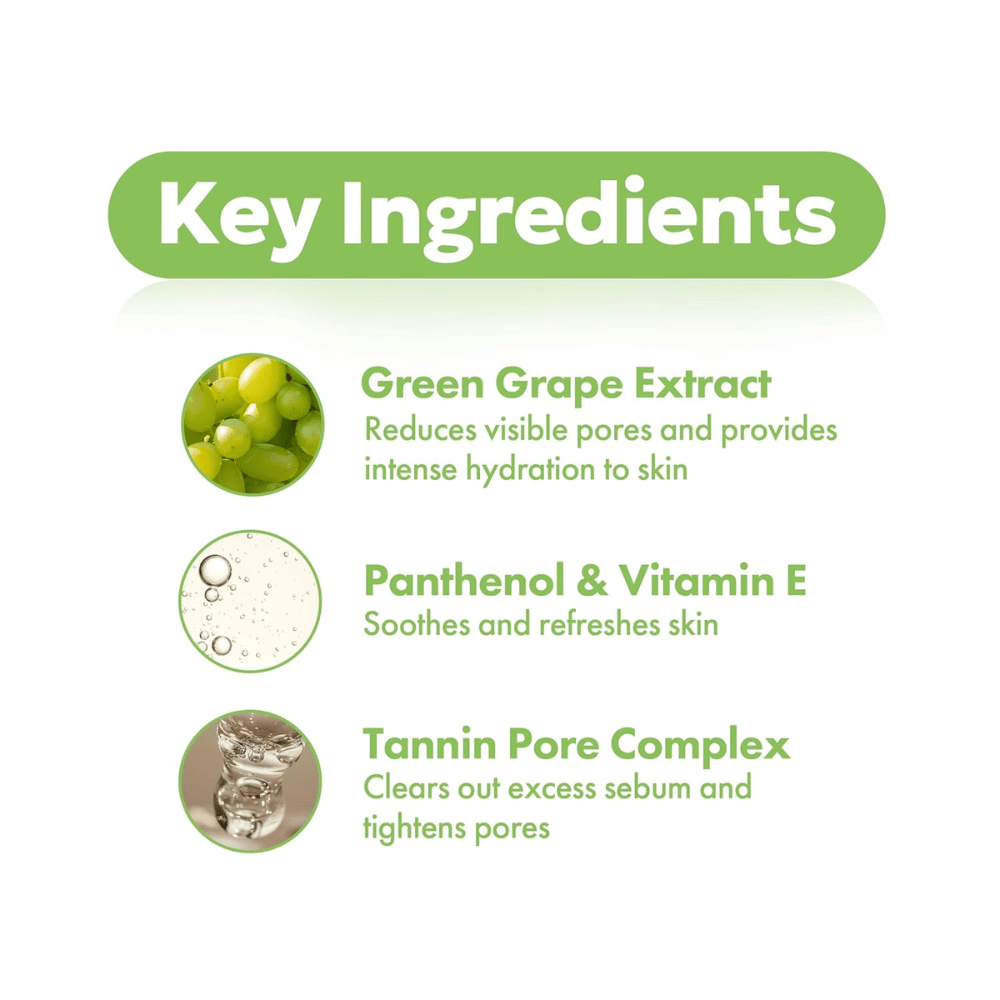 FRUDIA Green Grape Pore Control Scrub Cleansing Foam – ključne sestavine, kot so izvleček zelenega grozdja, pantenol, vitamin E in tanin pore complex za očiščene in prefinjene pore.