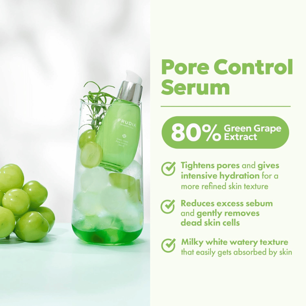 Frudia Green Grape Pore Control Serum ki zateguje pore, zmanjšuje odvečni sebum in se hitro vpije z lahko, mlečno teksturo za svežo in uravnoteženo kožo.