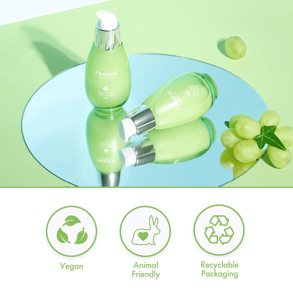 Frudia Green Grape Pore Control Serum z zelenim grozdjem, veganska formula, cruelty-free in embalaža, ki jo je mogoče reciklirati – korejska nega kože za zmanjšanje por in uravnoteženo kožo.