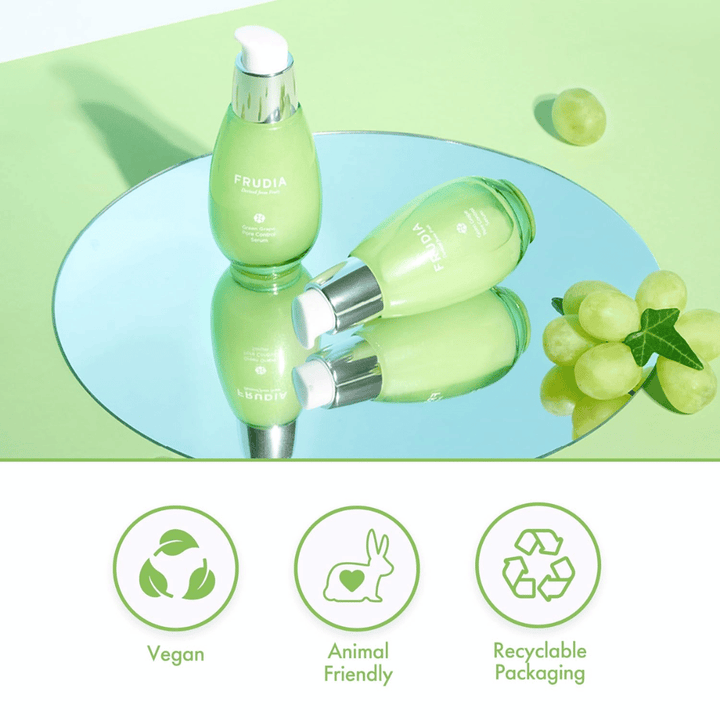 Frudia Green Grape Pore Control Serum z zelenim grozdjem, veganska formula, cruelty-free in embalaža, ki jo je mogoče reciklirati – korejska nega kože za zmanjšanje por in uravnoteženo kožo.