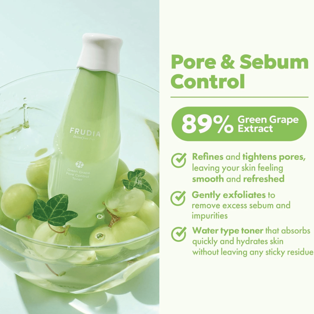 Frudia Green Grape Pore Control Toner z 89 % izvlečka zelenega grozdja, ki izboljša pore, zmanjša presežek sebuma in vlaži kožo z lahko, hitro vpojno tonik za obraz brez lepljivega občutka.