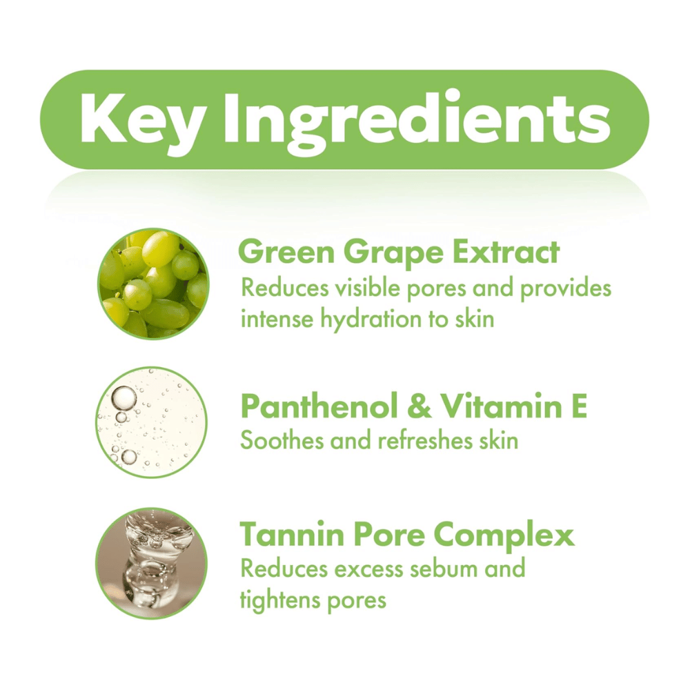 Ključne sestavine v Frudia Green Grape Pore Control z izvlečkom zelenega grozdja, pantenolom, vitaminom E in kompleksom taninov za pore, ki vlaži kožo, zmanjšuje pore in uravnava sebum.
