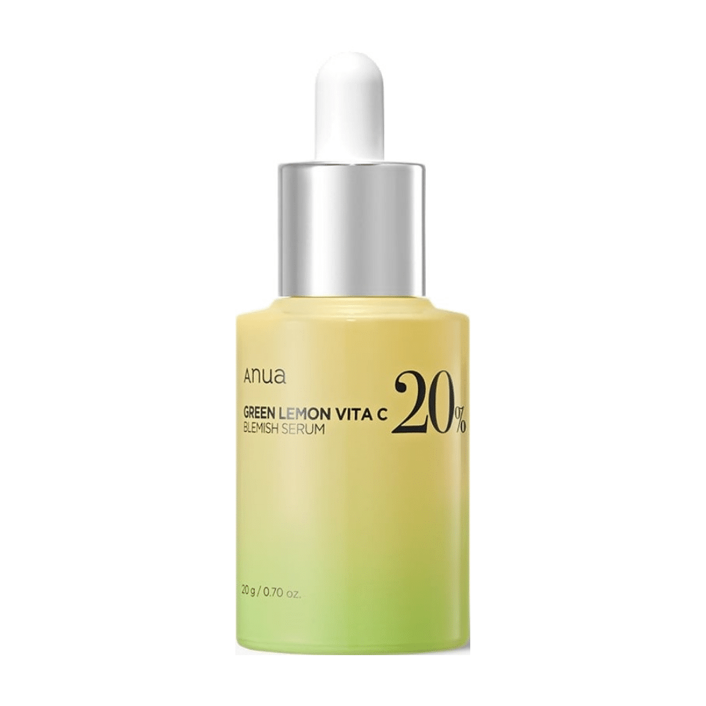 Steklenica z ANUA Green Lemon Vita C Blemish Serum, ki vsebuje 20% vitamina C.