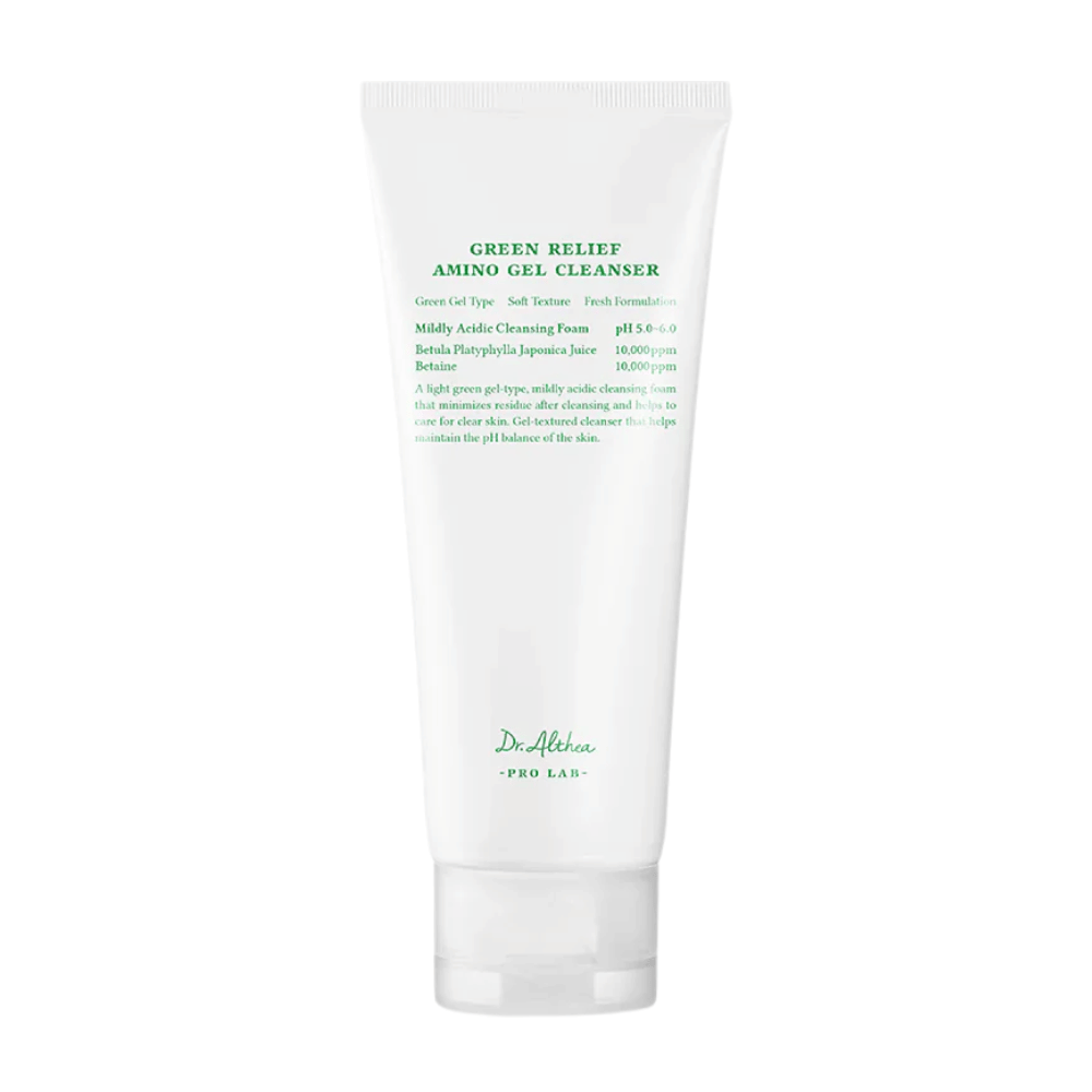 Izdelek prikazuje Dr. Althea Green Relief Amino Gel Cleanser – blag, veganski čistilni gel z lahko zeleno formulo in pH 5,0–6,0 za občutljivo kožo.