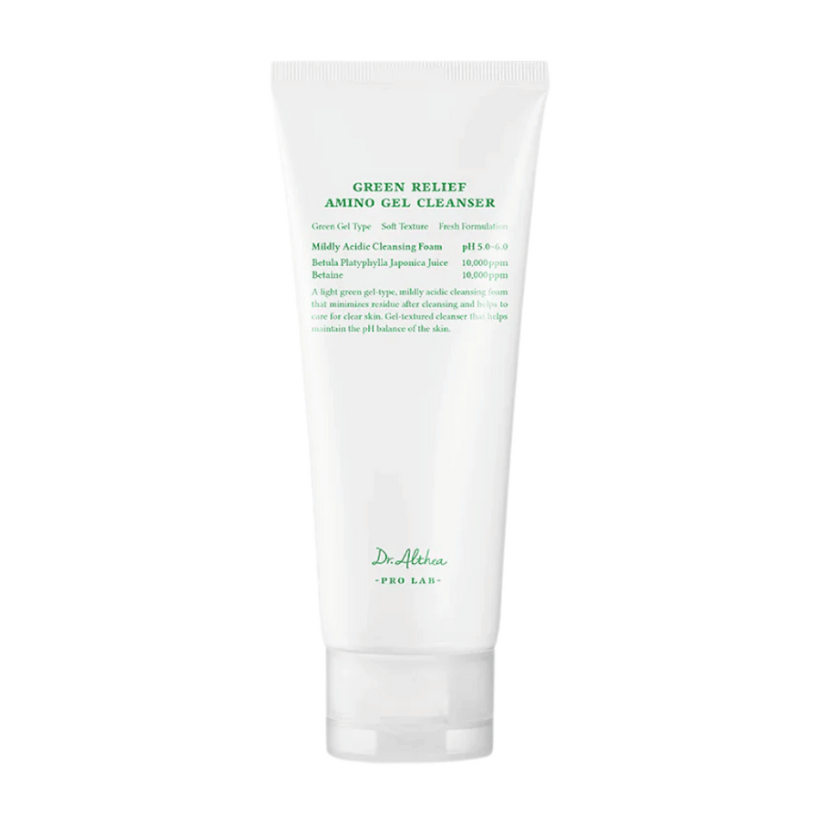 Izdelek prikazuje Dr. Althea Green Relief Amino Gel Cleanser – blag, veganski čistilni gel z lahko zeleno formulo in pH 5,0–6,0 za občutljivo kožo.