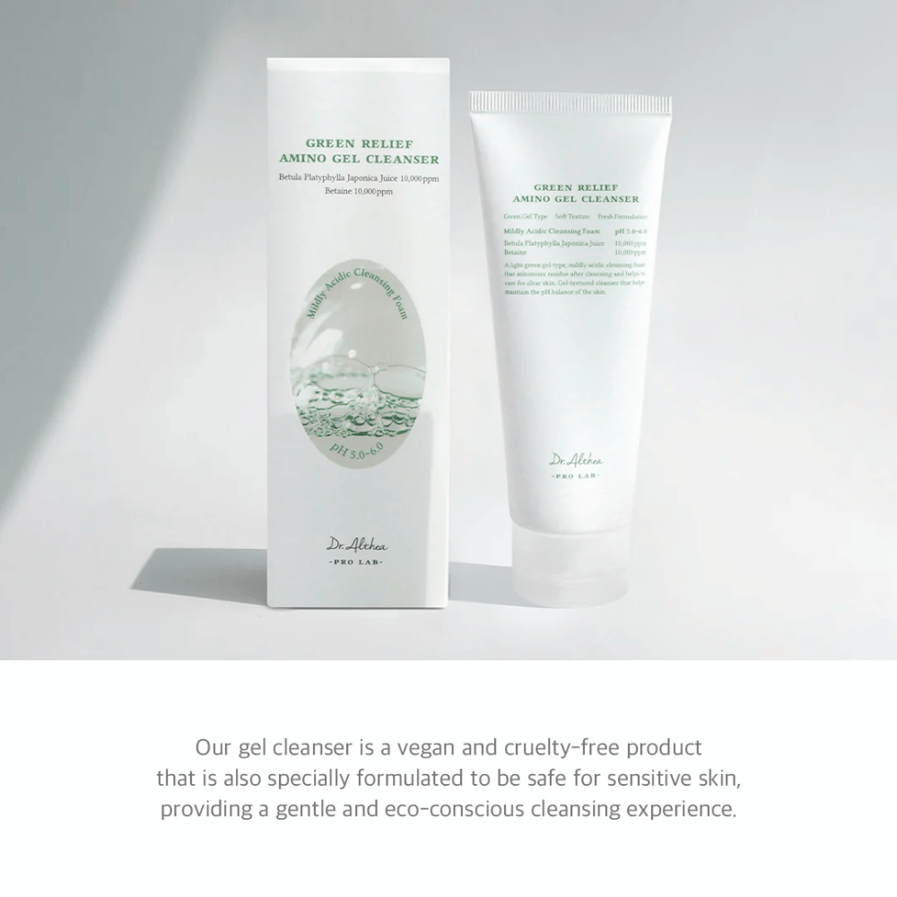 Dr. Althea Green Relief Amino Gel Cleanser je vegansko, cruelty-free čistilo z blago gel teksturo. Posebej zasnovano za občutljivo kožo in okolju prijazno uporabo.