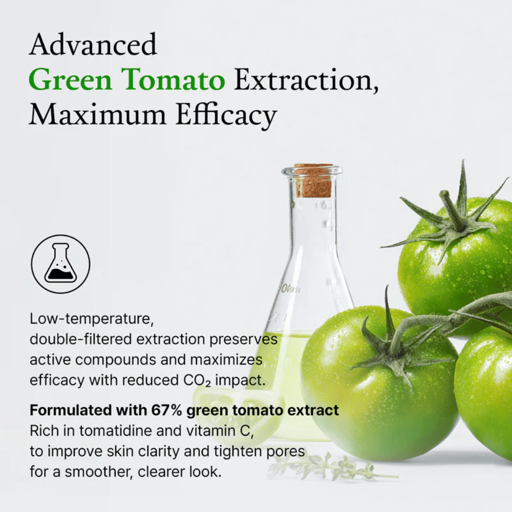 Slika z zelenimi paradižniki in laboratorijsko stekleničko, ki izpostavlja sestavino »green tomato extract« in njen učinek na kožo.