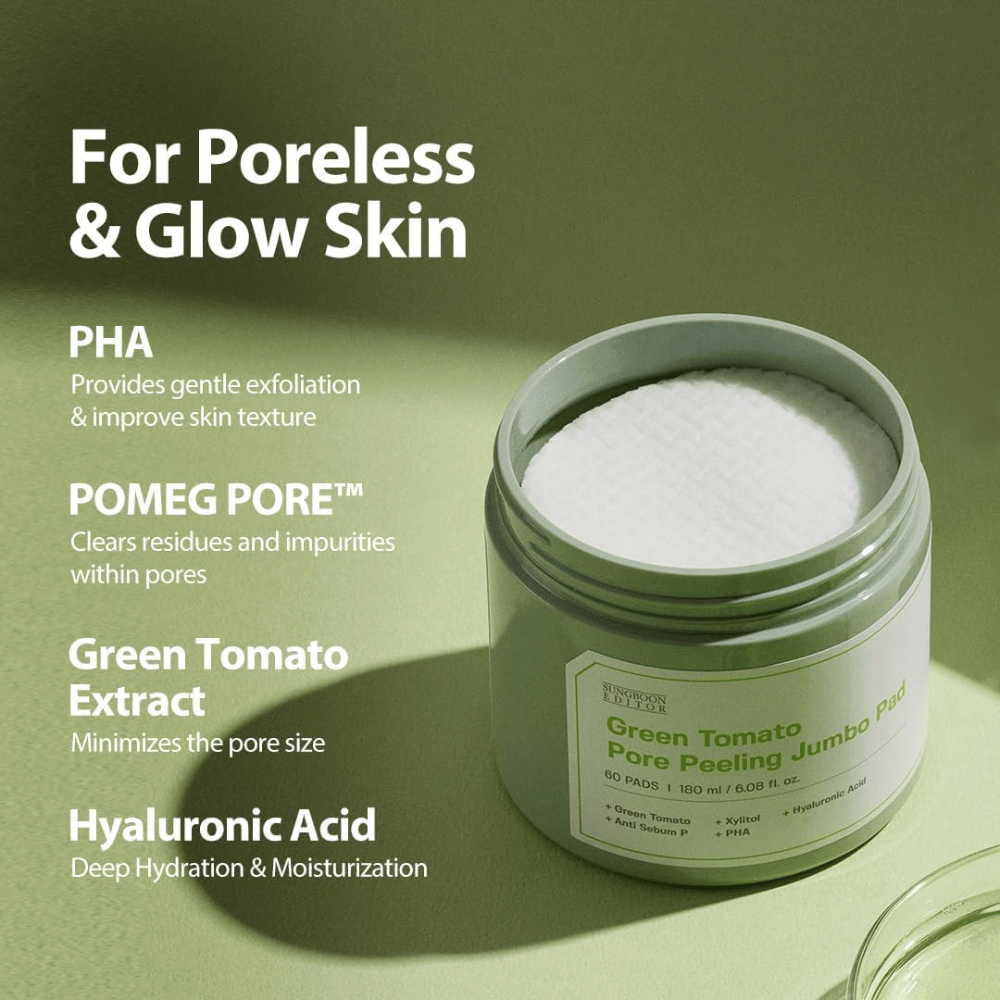SUNGBOON EDITOR Green Tomato Pore Peeling Jumbo Pad – eksfoliativne blazinice s PHA, izvlečkom zelenega paradižnika in hialuronsko kislino