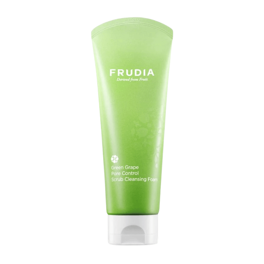 FRUDIA Green Grape Pore Control Scrub Cleansing Foam – čistilo za obraz, ki zmanjšuje pore z izvlečkom zelenega grozdja, ki nežno pilingira, globinsko čisti pore in uravnava sebum za bolj jasno kožo.