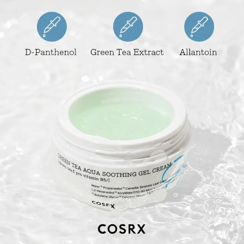 COSRX Green Tea Aqua Soothing Gel Cream – odprta posoda z zelenim gelom. Ključne sestavine: D-pantenol, ekstrakt zelenega čaja in alantoin za vlaženje in pomirjevalni učinek.