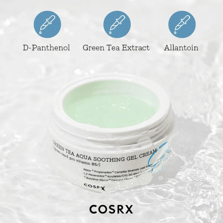 COSRX Green Tea Aqua Soothing Gel Cream – odprta posoda z zelenim gelom. Ključne sestavine: D-pantenol, ekstrakt zelenega čaja in alantoin za vlaženje in pomirjevalni učinek.