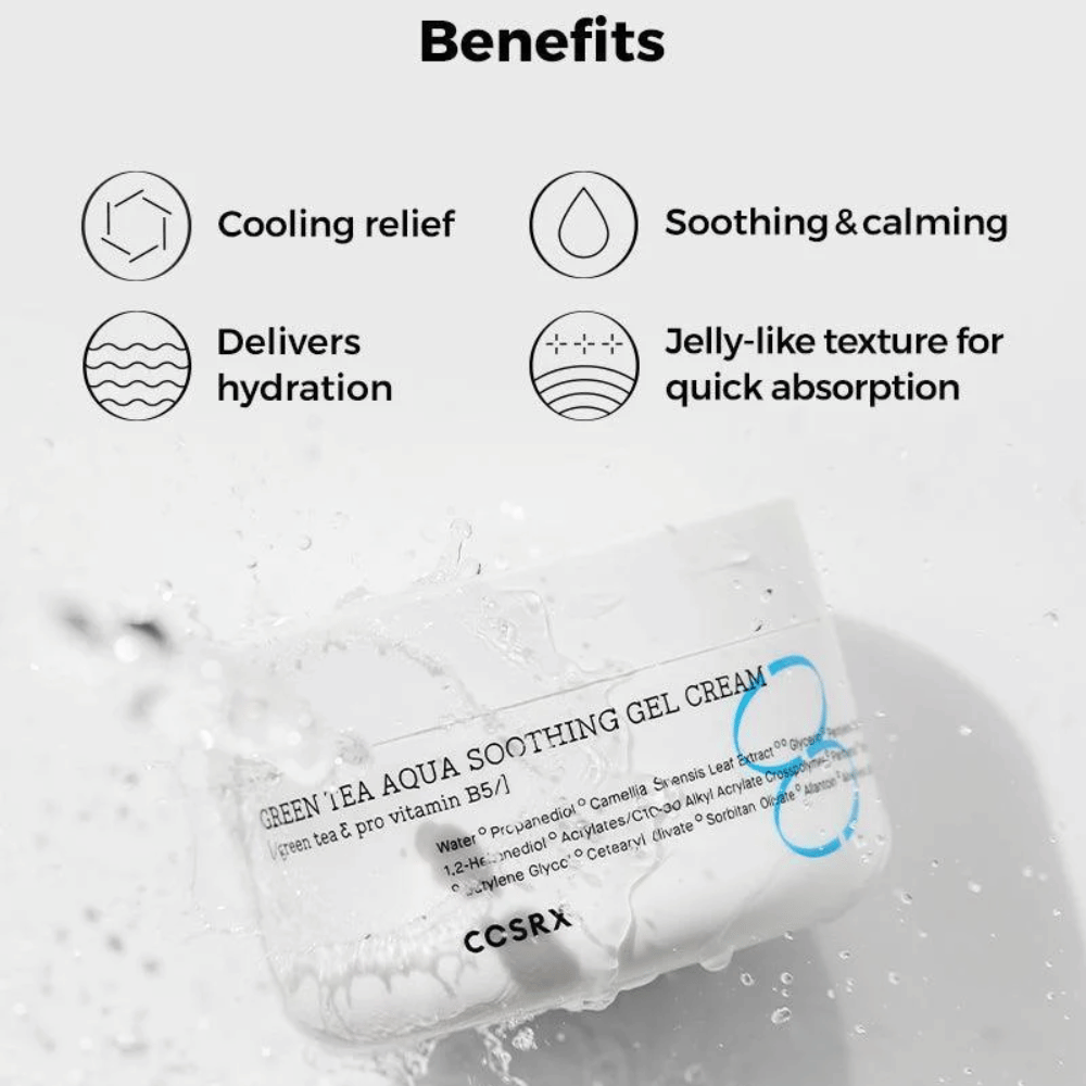 COSRX Green Tea Aqua Soothing Gel Cream – prednosti: hladilni učinek, pomirjujoč in negovalen, intenzivno vlaženje in gelasta tekstura za hitro absorpcijo.