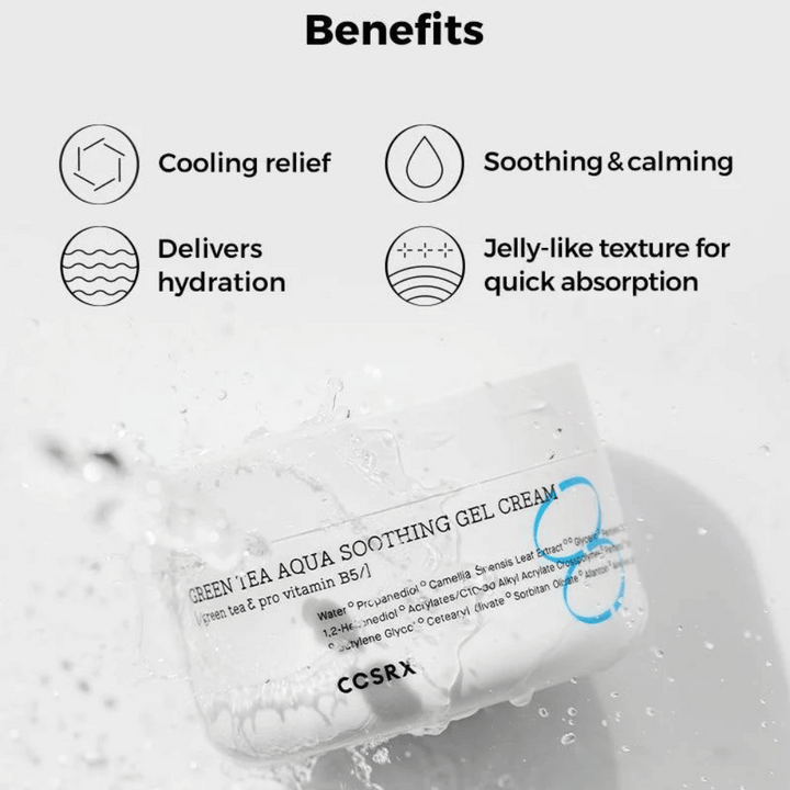 COSRX Green Tea Aqua Soothing Gel Cream – prednosti: hladilni učinek, pomirjujoč in negovalen, intenzivno vlaženje in gelasta tekstura za hitro absorpcijo.
