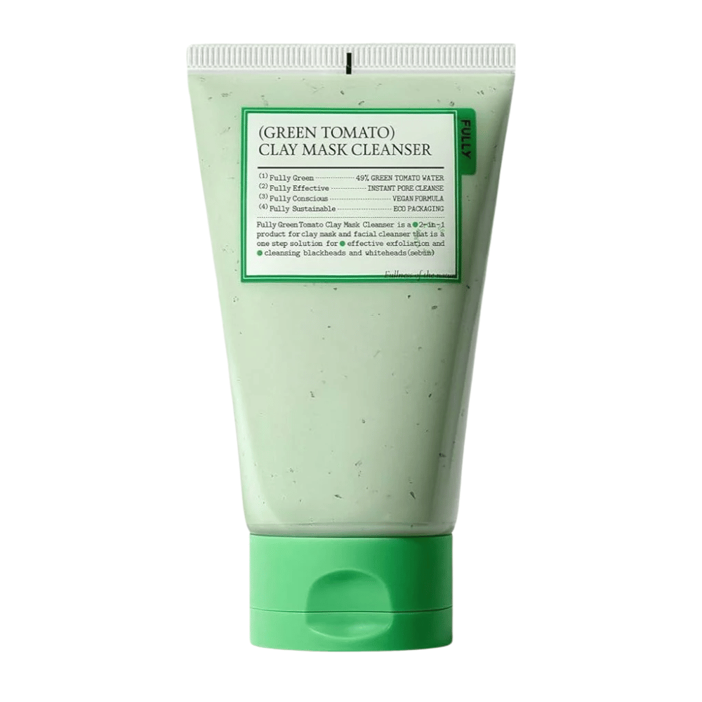 Produktna slika Green Tomato Clay Mask Cleanser v zeleni tubi na belem ozadju. Poudarek je na embalaži in dizajnu.