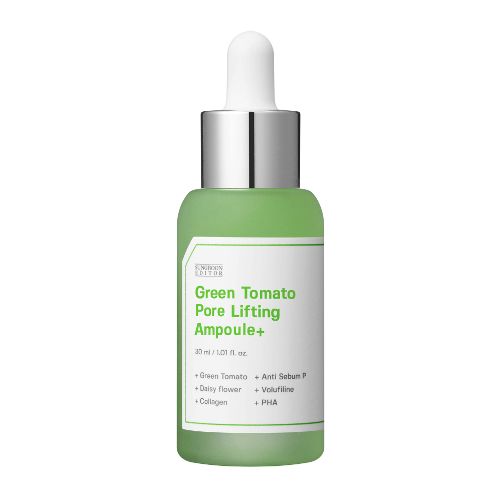 Izolirana slika izdelka Green Tomato Pore Lifting Ampoule+ v zeleni steklenički s pipeto.