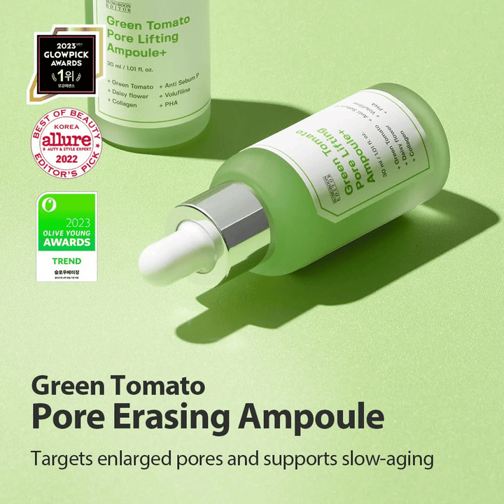 Slika izdelka Green Tomato Pore Lifting Ampoule+ z nagradami Glowpick, Allure in Olive Young Awards 2023.