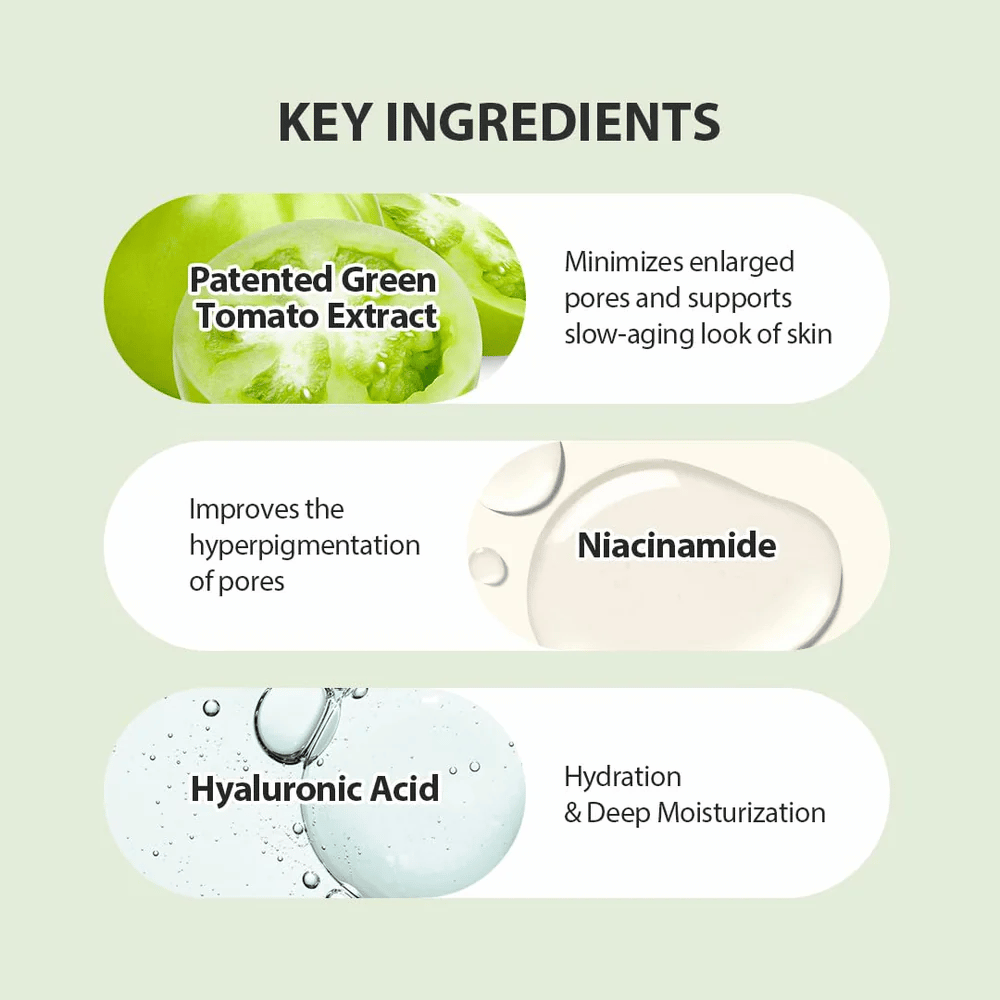 Ilustracija ključnih sestavin v Green Tomato Pore Lifting Ampoule+ s patentiranim zelenim paradižnikom, niacinamidom in hialuronsko kislino.