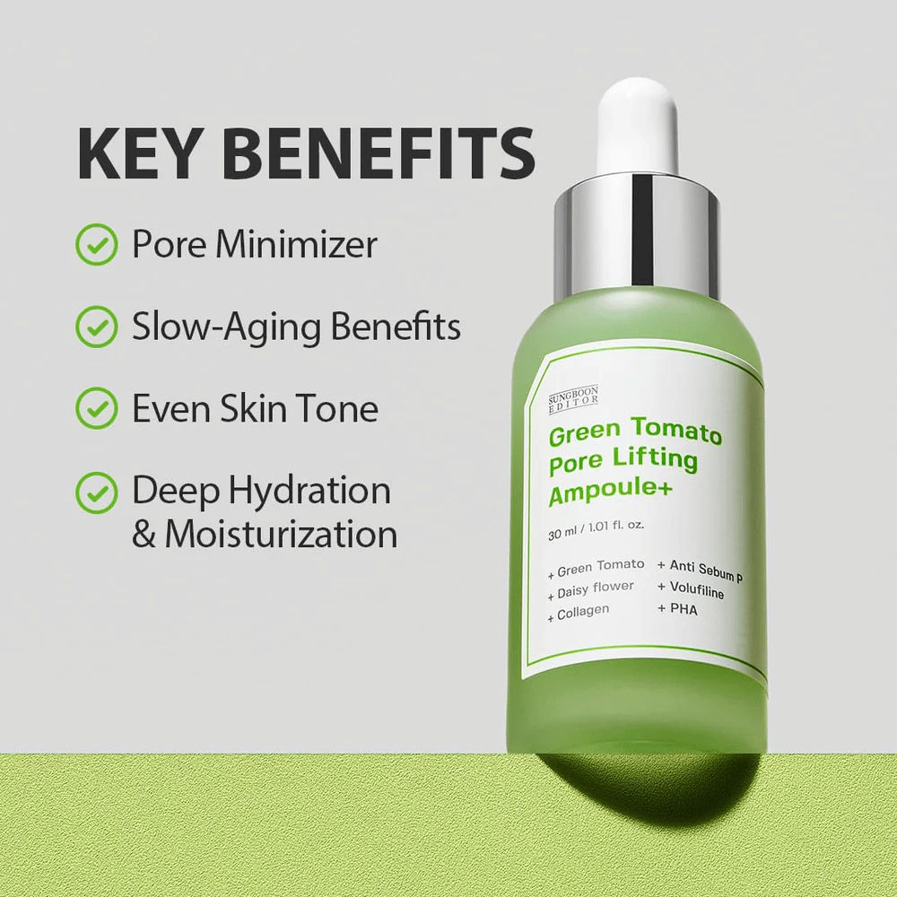Green Tomato Pore Lifting Ampoule+ s pipeto na zeleni podlagi, navedene ključne prednosti kot so zmanjšanje por, proti staranju, enakomeren ten kože in vlaženje.