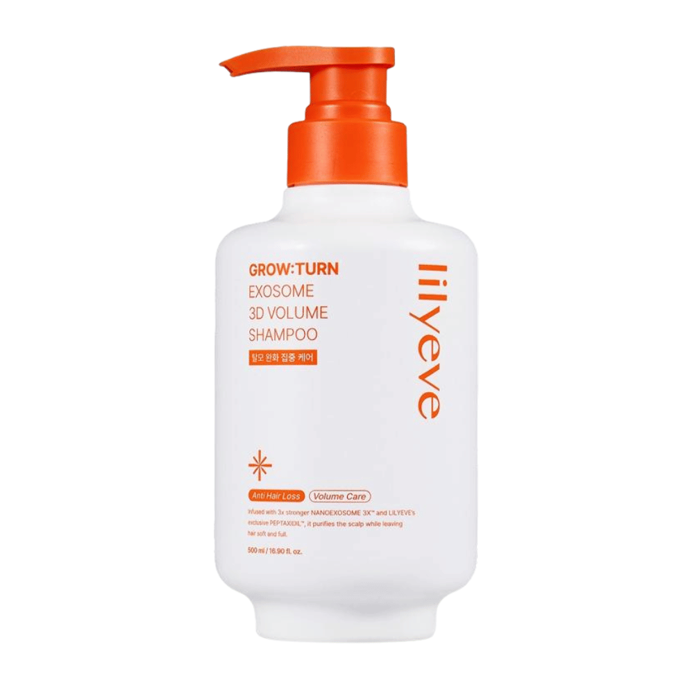 LILYEVE Grow:Turn Exosome 3D Volume Shampoo v beli plastenki s črpalko in oranžnimi detajli za nego lasišča