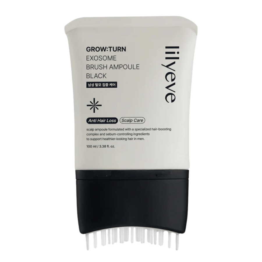 Izrezana slika izdelka LILYEVE Grow:Turn Exosome Brush Ampoule Prime na belem ozadju. Integrirani krtačni aplikator omogoča enostaven nanos seruma neposredno na lasišče za vsakodnevno nego las in lasišča.