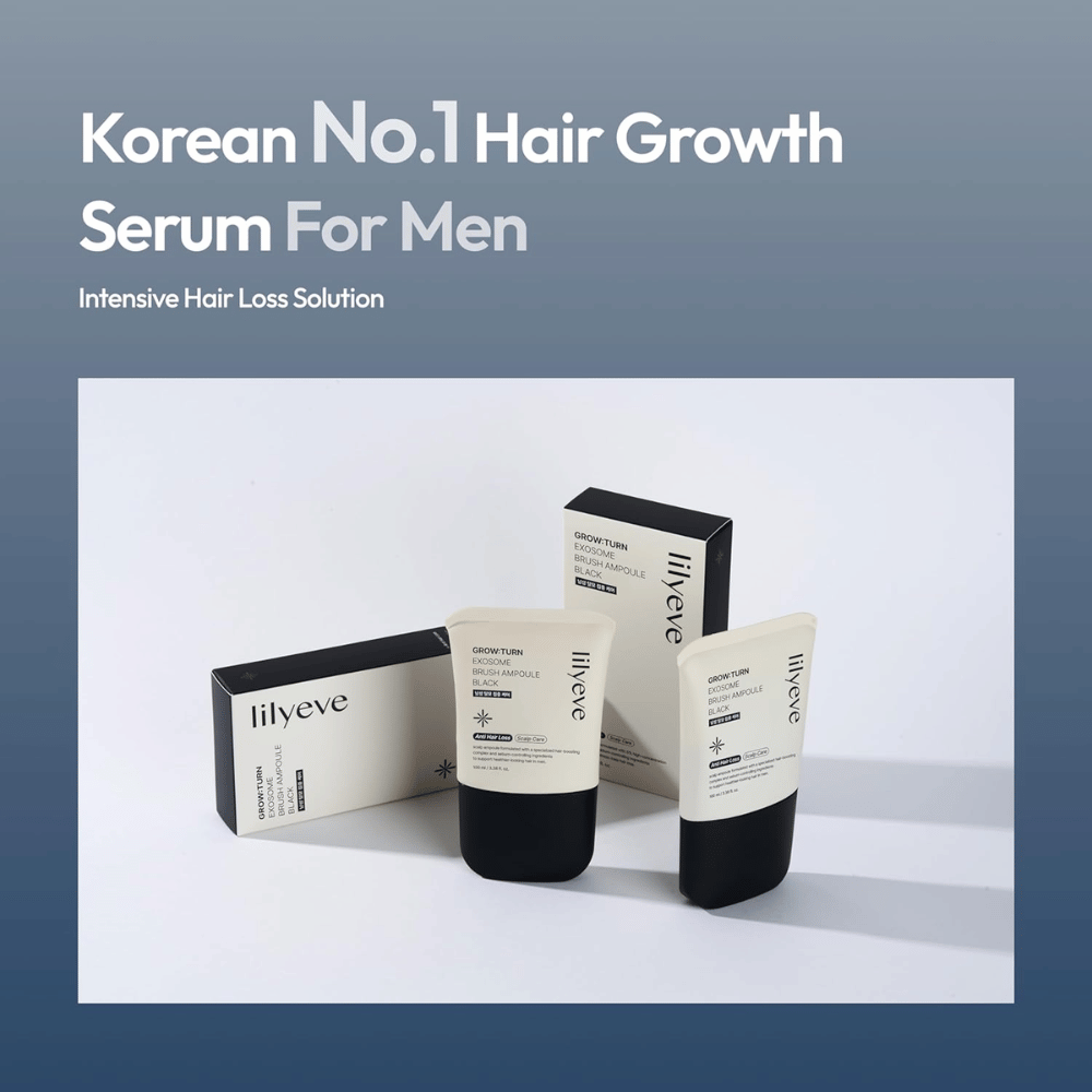Slika izdelka in embalaže LILYEVE Grow:Turn Exosome Brush Ampoule Prime. Slika izpostavlja serum kot izdelek za nego las, razvit za moške, s poudarkom na negi lasišča in potrebah, povezanih z izpadanjem las.