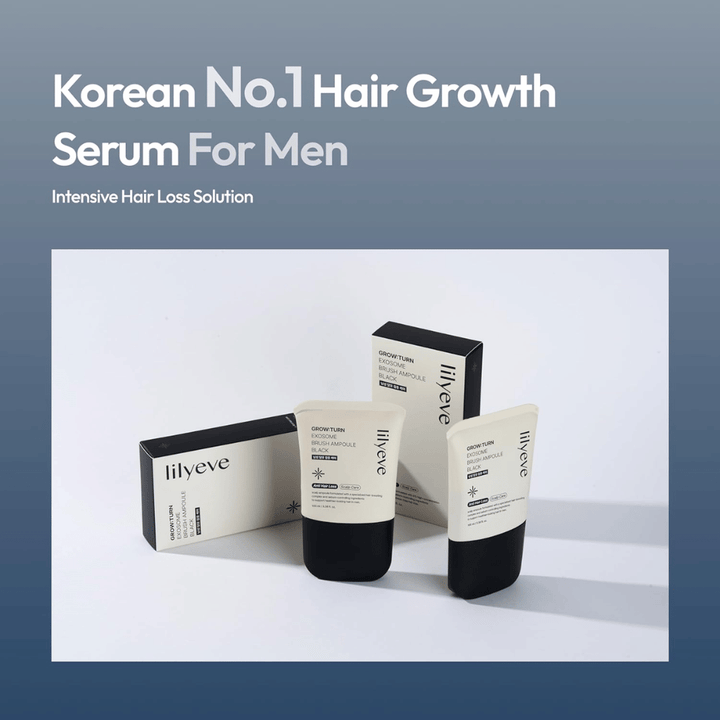 Slika izdelka in embalaže LILYEVE Grow:Turn Exosome Brush Ampoule Prime. Slika izpostavlja serum kot izdelek za nego las, razvit za moške, s poudarkom na negi lasišča in potrebah, povezanih z izpadanjem las.