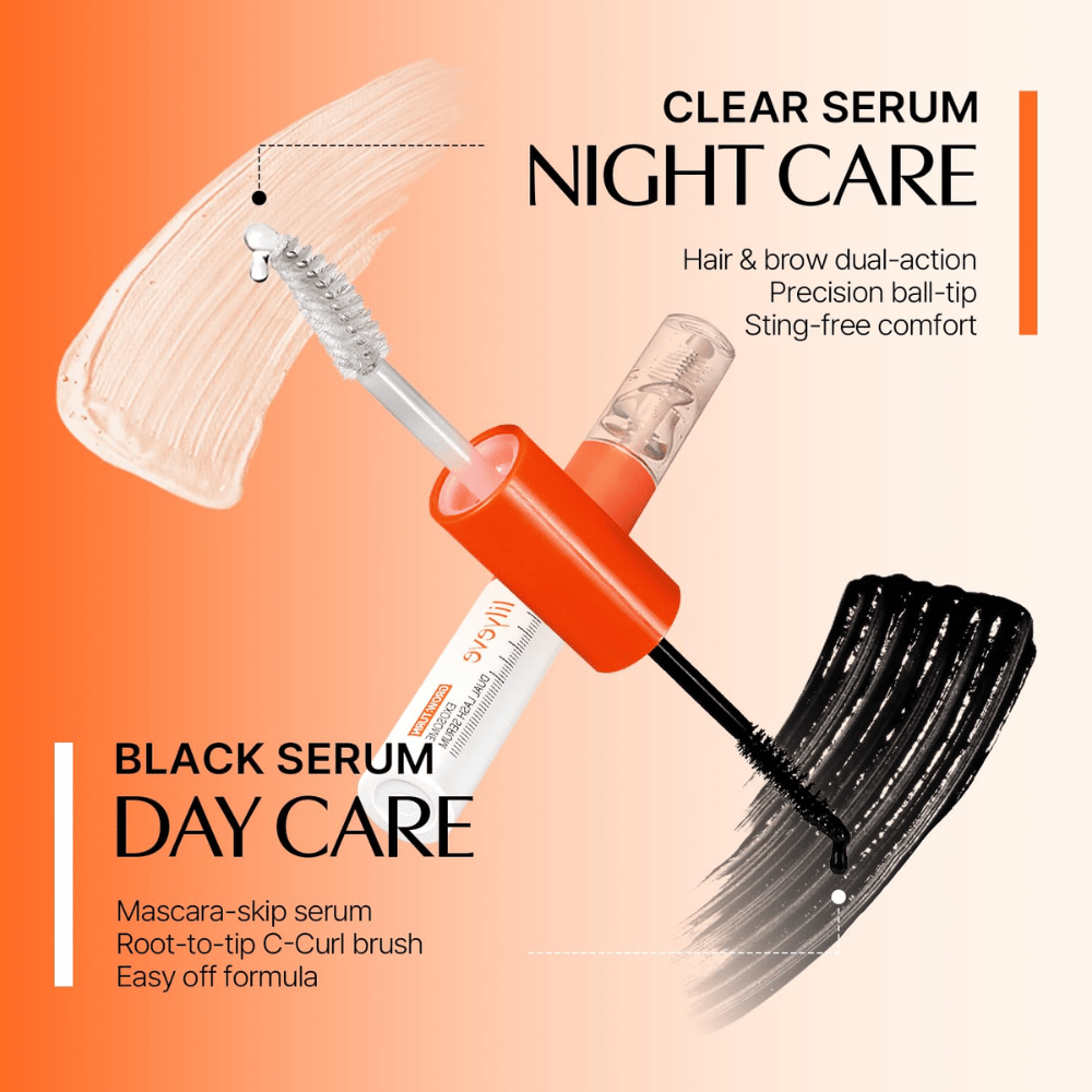 LILYEVE Grow Turn Exosome Dual Lash Serum s prozornim nočnim serumom in črnim dnevnim serumom v obojestranski embalaži.