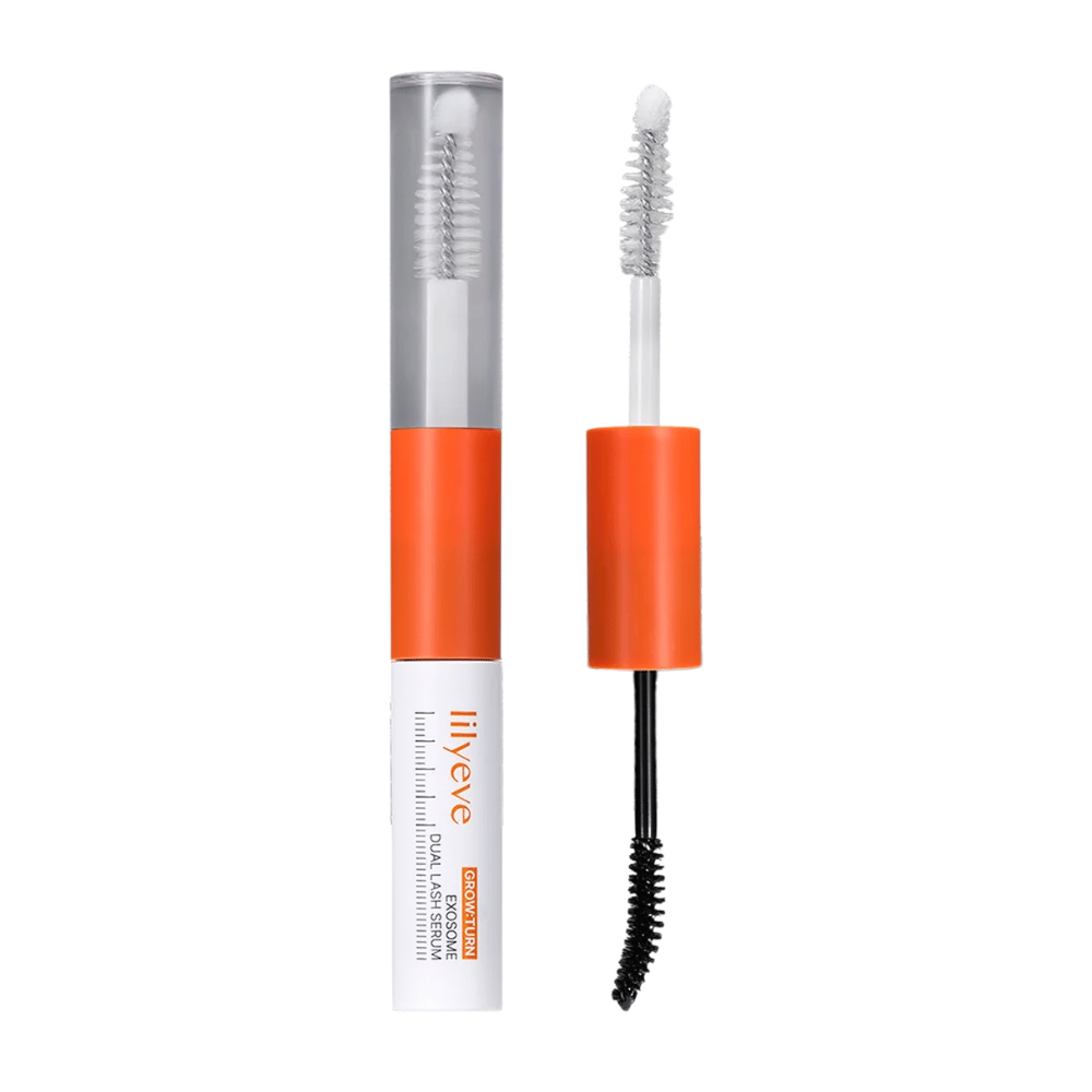 LILYEVE Grow Turn Exosome Dual Lash Serum – obojestranski serum za trepalnice s prozornim in črnim serumom ter dvema aplikatorjema.