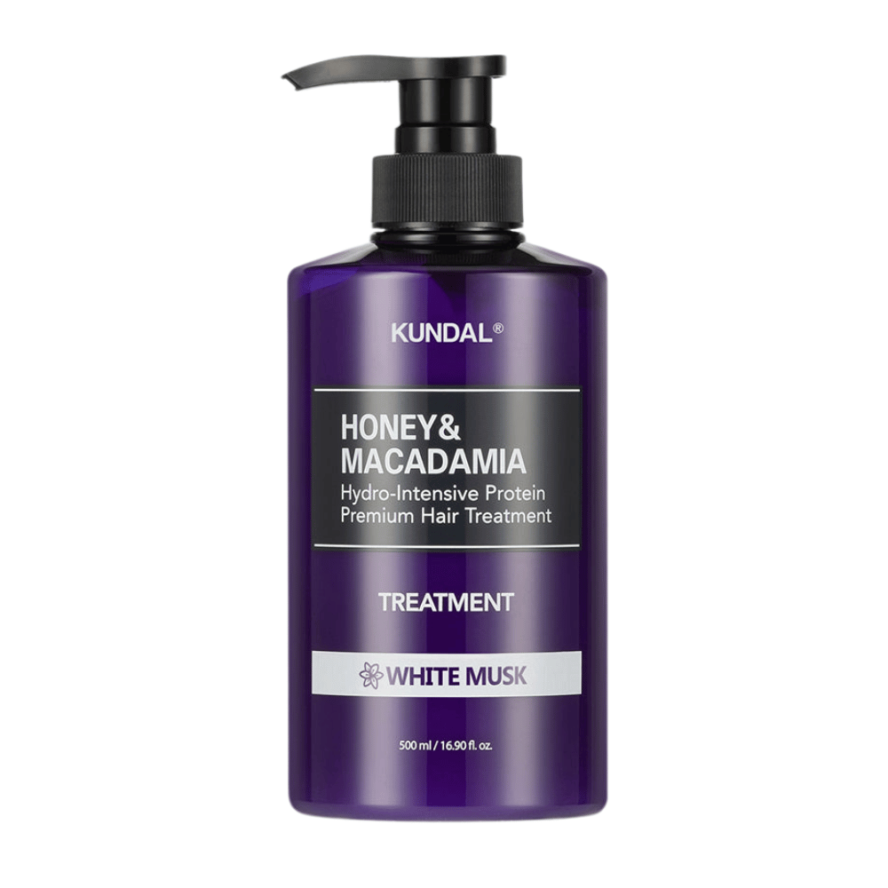 KUNDAL Honey & Macadamia Hydro-Intensive Protein Premium Hair Treatment White Musk v vijolični steklenički s črpalko, 500 ml.