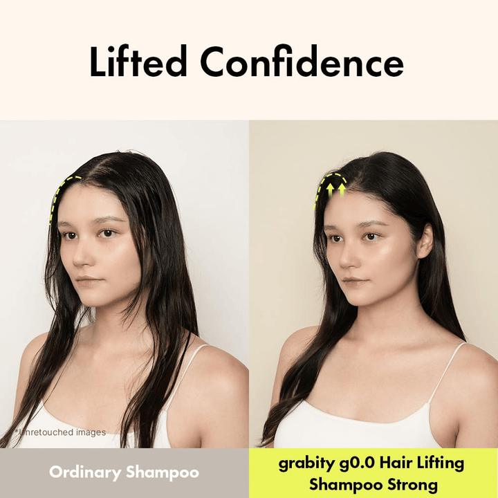 Slika prej in potem, ki prikazuje povečan volumen in privzdig pri koreninah po uporabi Grabity g0.0 Hair Lifting Shampoo Strong za tanke in sploščene lase.