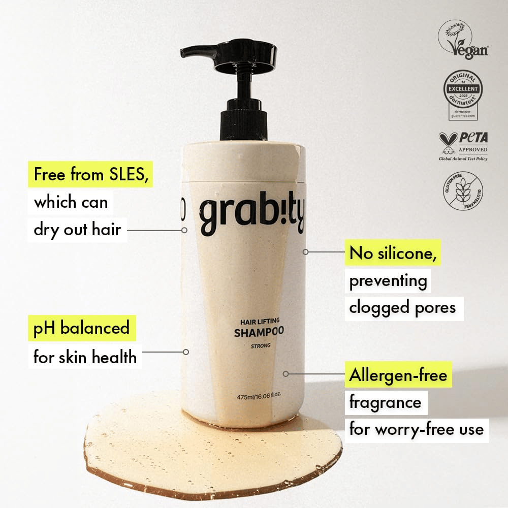 Grabity g0.0 Hair Lifting Shampoo Strong z informacijami o formuli brez SLES, sestavi brez silikonov, dišavi brez alergenov ter certifikatih za vegansko in nežno nego las.