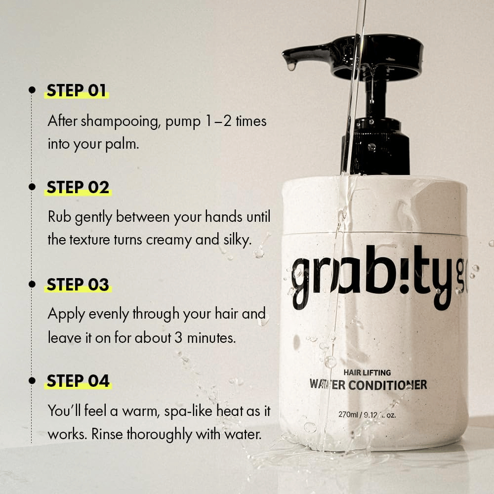 Ilustrativna slika z navodili za Grabity Hair Lifting Water Conditioner, ki prikazuje, kako se izdelek uporablja po šamponiranju za nego, sijaj in polnejši videz las.