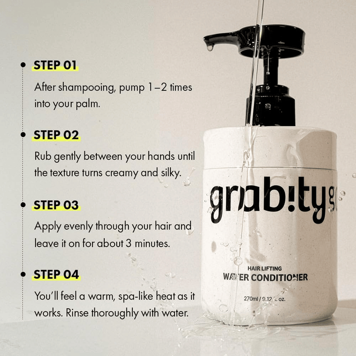 Ilustrativna slika z navodili za Grabity Hair Lifting Water Conditioner, ki prikazuje, kako se izdelek uporablja po šamponiranju za nego, sijaj in polnejši videz las.
