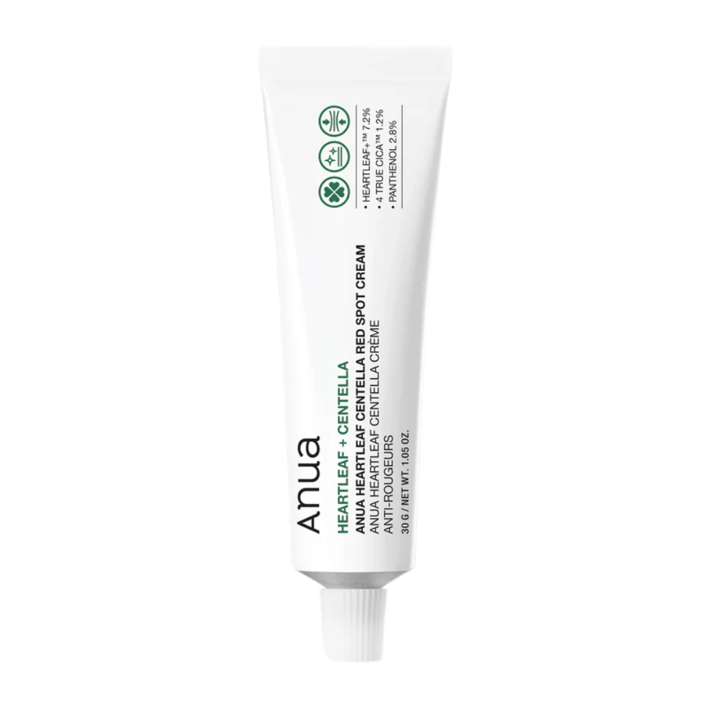 Anua Heartleaf Centella Red Spot Cream v beli tubi, točkovna krema s centello za pomiritev kože in krepitev vlažilne pregrade.