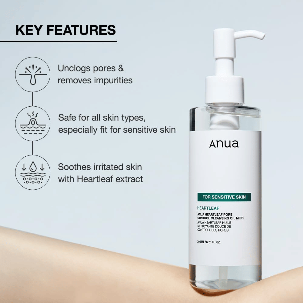 Anua Heartleaf Pore Control Cleansing Oil Mild je nežno čistilno olje za vse tipe kože, še posebej primerno za občutljivo kožo. Pomaga pri: Odstranjevanju nečistoč in čiščenju por. Pomirjanju razdražene kože s pomočjo izvlečka heartleaf. Je varno za vse tipe kože in posebej prilagojeno, da je nežno in učinkovito.