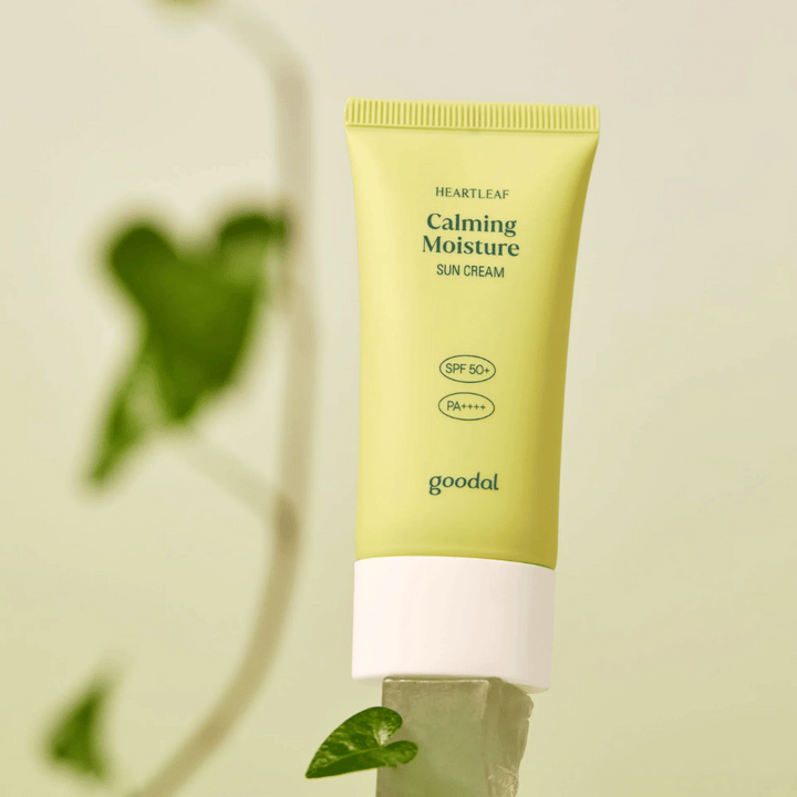 Goodal Heartleaf Calming Moisture Sun Cream SPF50+ PA++++ postavljena na stekleni plošči z zeleno rastlino v ozadju – pomirjujoča sončna krema za občutljivo kožo.