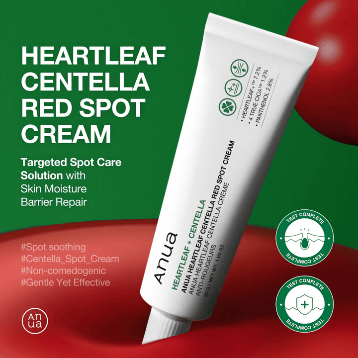 Anua Heartleaf Centella Red Spot Cream v beli tubi predstavljena na zeleni podlagi, s poudarkom na točkovnem zdravljenju, obnovi vlažilne pregrade in testirani nežni formuli.