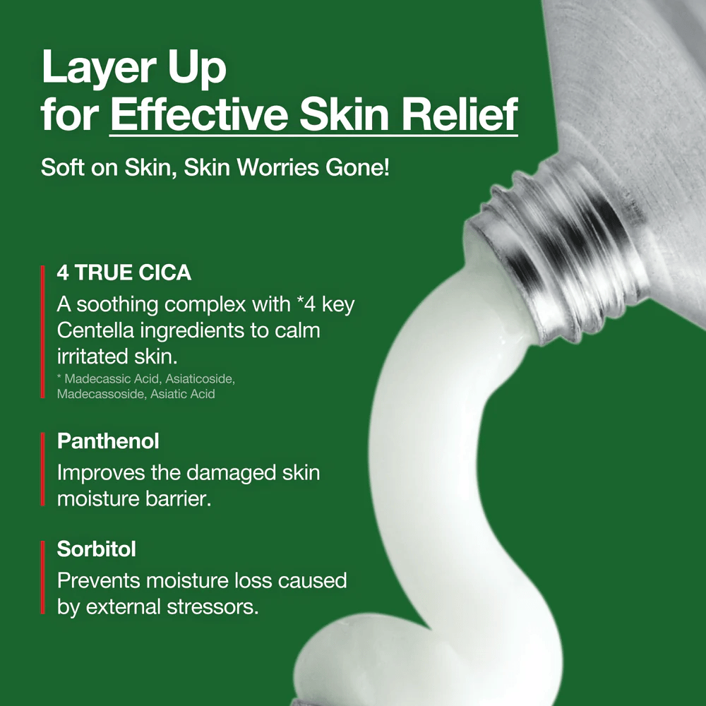 Anua Heartleaf Centella Red Spot Cream z belo kremo, iztisnjeno iz tube, poudarjene sestavine kot so 4 True Cica, Panthenol in Sorbitol za pomirjujoč in vlažilen učinek.