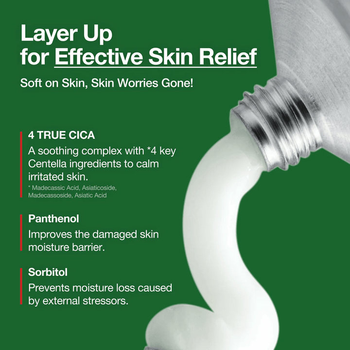 Anua Heartleaf Centella Red Spot Cream z belo kremo, iztisnjeno iz tube, poudarjene sestavine kot so 4 True Cica, Panthenol in Sorbitol za pomirjujoč in vlažilen učinek.