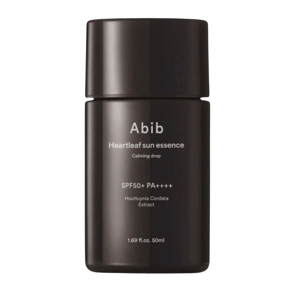 Slika izdelka Abib Heartleaf Sun Essence Calming Drop v črni embalaži z belim napisom in SPF50+ PA++++, 50 ml.