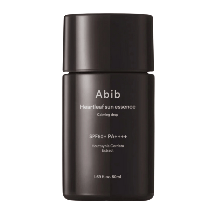 Slika izdelka Abib Heartleaf Sun Essence Calming Drop v črni embalaži z belim napisom in SPF50+ PA++++, 50 ml.