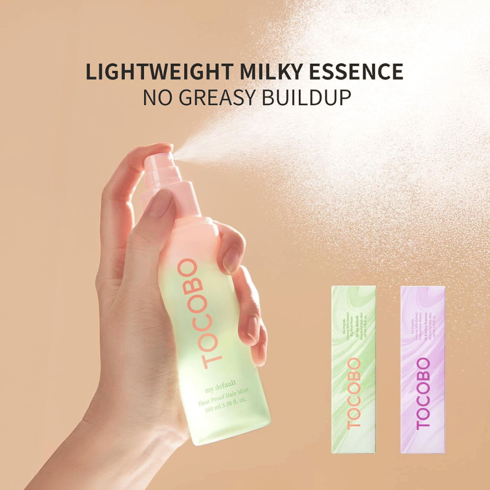 2. TOCOBO Heat Proof Hair Mist #02 My Default – lahka mlečna meglica za lase, ki se enakomerno razprši, ne da bi lase zmastila ali obtežila