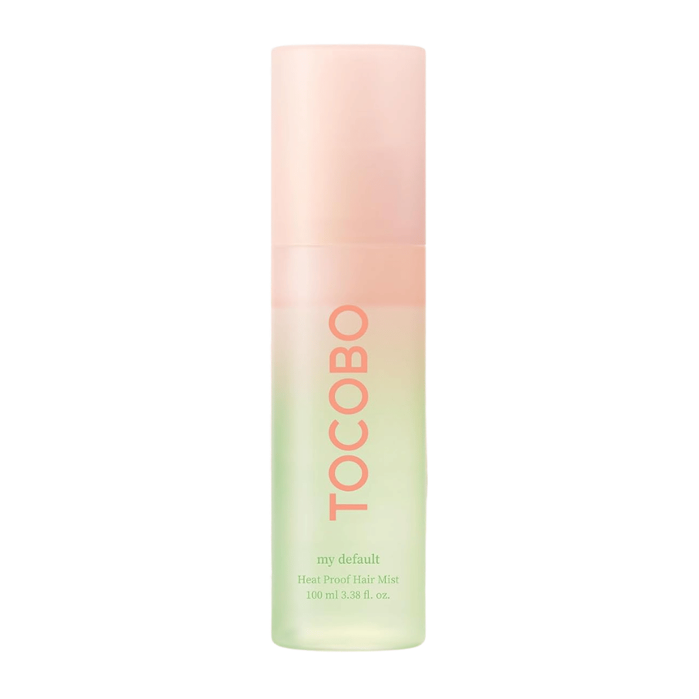 1. TOCOBO Heat Proof Hair Mist #02 My Default 100ml – toplotno zaščitna meglica za lase v zeleni in rožnati pršilki na belem ozadju
