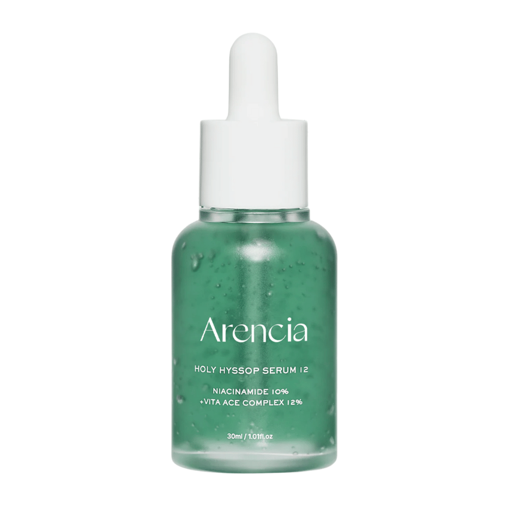 Arencia Holy Hyssop Serum 12 v zeleni steklenici s pipeto, obrazni serum z niacinamidom 10 % in vitamin ACE-kompleksom 12 %.