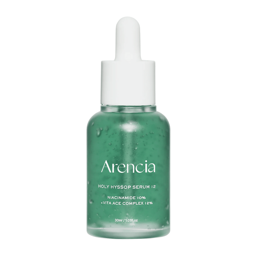Arencia Holy Hyssop Serum 12 v zeleni steklenici s pipeto, obrazni serum z niacinamidom 10 % in vitamin ACE-kompleksom 12 %.