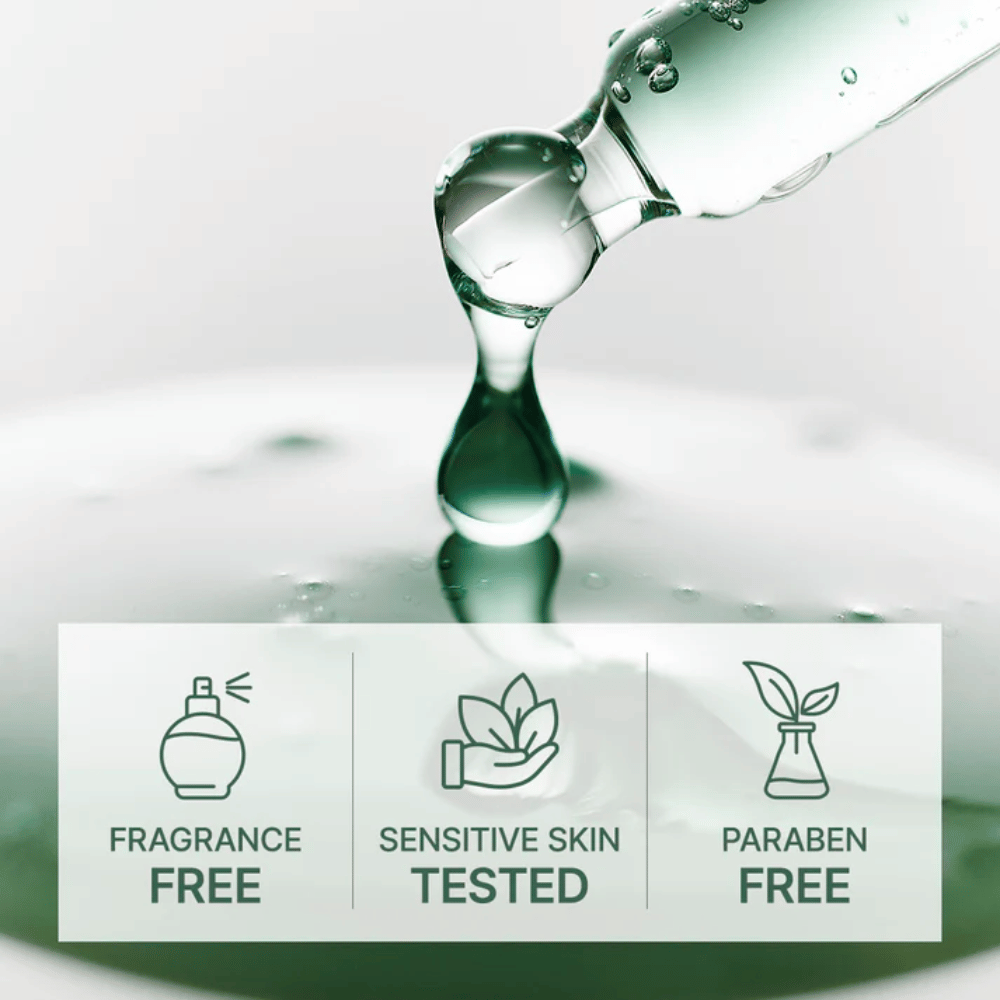 Kapljajoči serum iz pipete z ikonami, ki prikazujejo brez vonja, testiran za občutljivo kožo in brez parabena.
